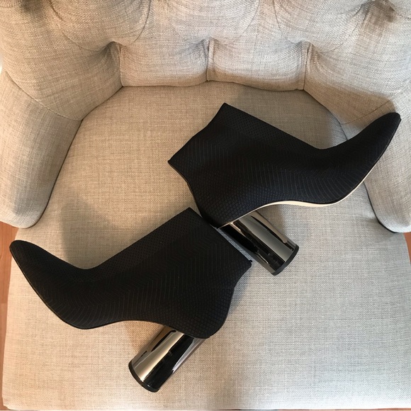 Zara Shoes - ZARA | Black Stretchy Sock Bootie w/ Mirror Block Heel Size 9
